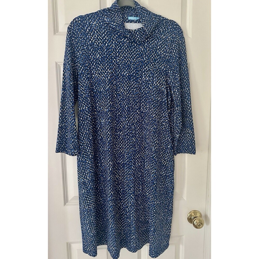 J. McLaughlin Blue Chevron Catalina Cloth Mock Neck 3/4 Sleeve Shift Dress L